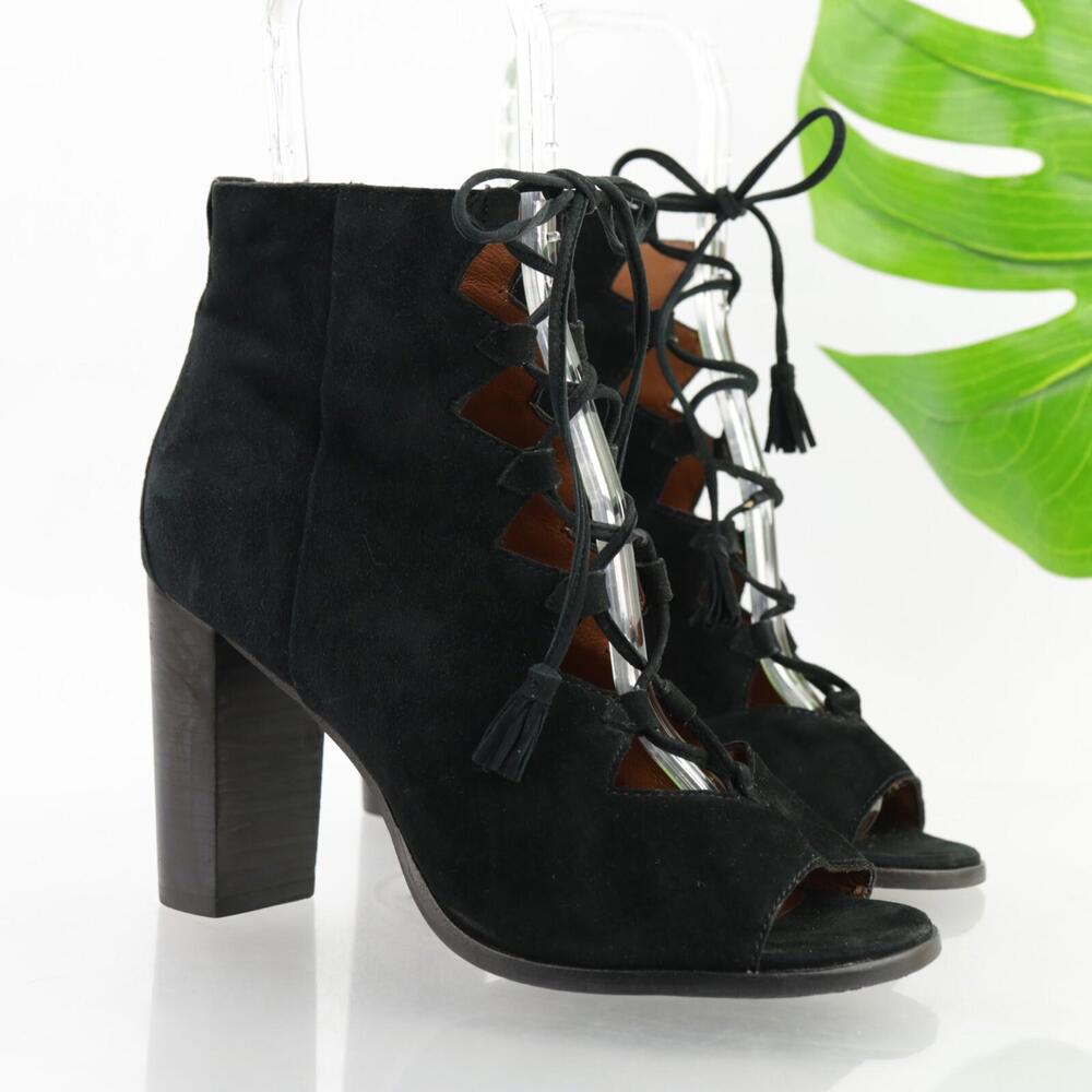 Frye Womens Gabby Ghillie Sandals Size 8 Black Suede Tie Up Booties‎ Block Heel